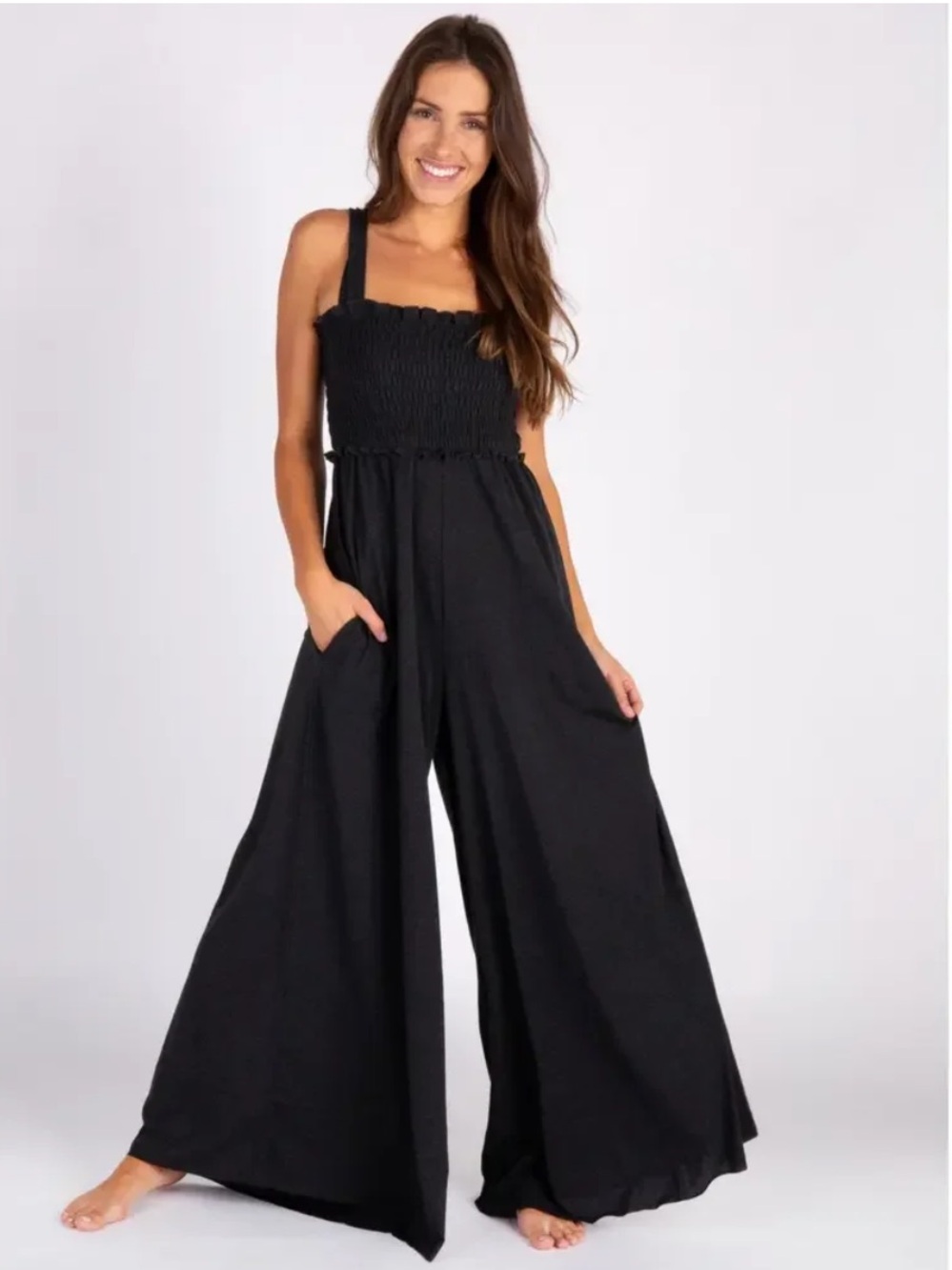 Natural Life Harper Sleeveless Smocked Wide Leg Jumpsuit Medium Charcoal Boho